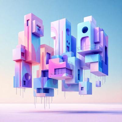 The primary subject of the image is a three-dimensional, colorful, and abstract structure. The setting is a blue background, which contrasts with the vibrant colors of the structure. The visual style is a combination of digital art and illustration, creating a unique and eye-catching design. The colors and mood of the image are lively and energetic, with a focus on the creative and artistic aspects of the structure.